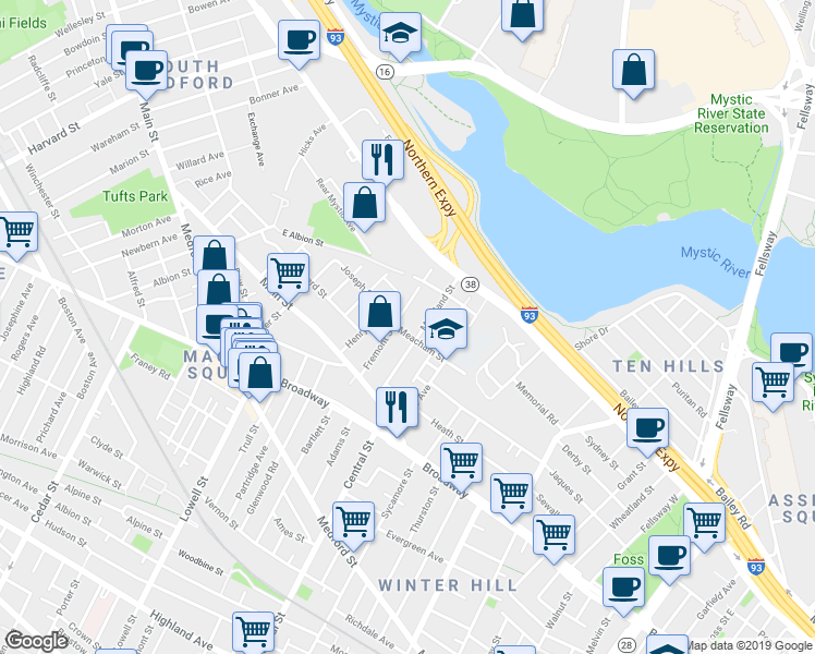 map of restaurants, bars, coffee shops, grocery stores, and more near 77 Fremont Street in Somerville