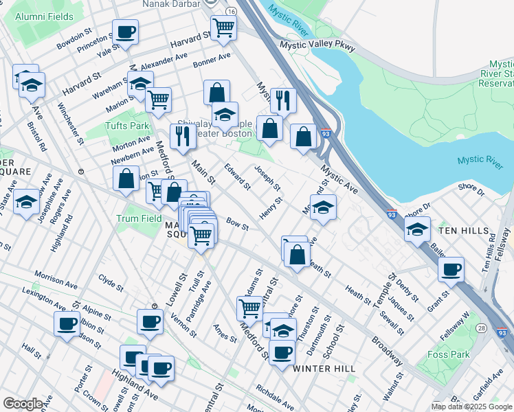 map of restaurants, bars, coffee shops, grocery stores, and more near 23 Edward Street in Medford