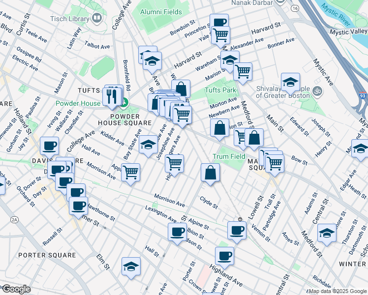 map of restaurants, bars, coffee shops, grocery stores, and more near 114 Rogers Avenue in Somerville