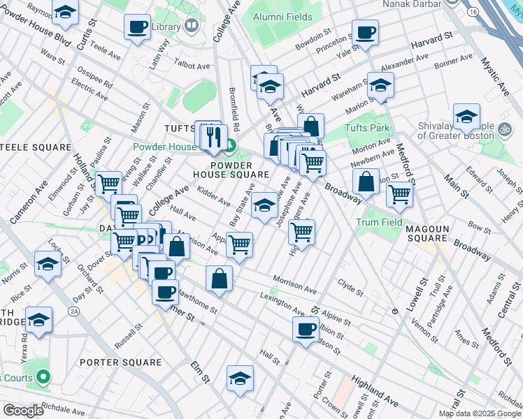 map of restaurants, bars, coffee shops, grocery stores, and more near 46 Bay State Avenue in Somerville