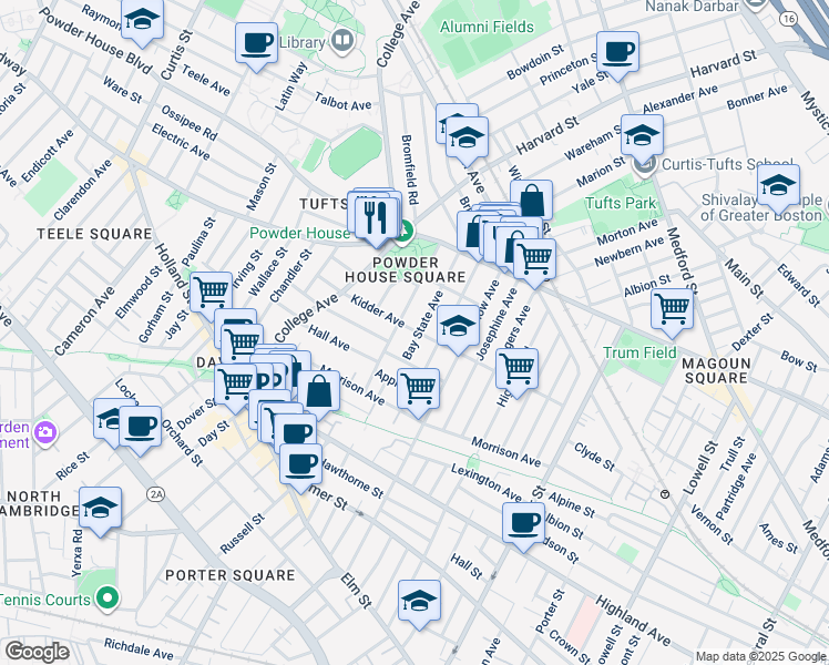 map of restaurants, bars, coffee shops, grocery stores, and more near 59 Liberty Avenue in Somerville