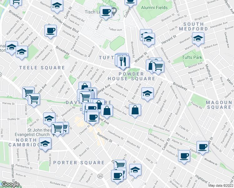map of restaurants, bars, coffee shops, grocery stores, and more near 21 Kidder Avenue in Somerville
