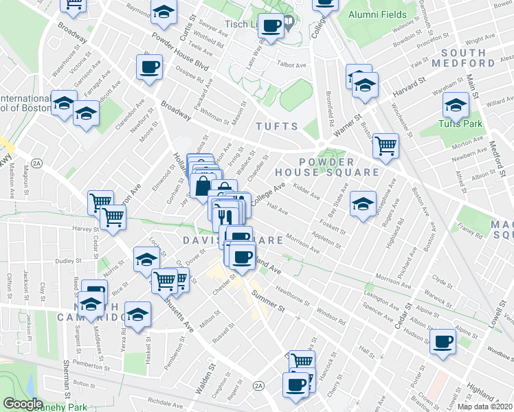 map of restaurants, bars, coffee shops, grocery stores, and more near 9 Chapel Street in Somerville