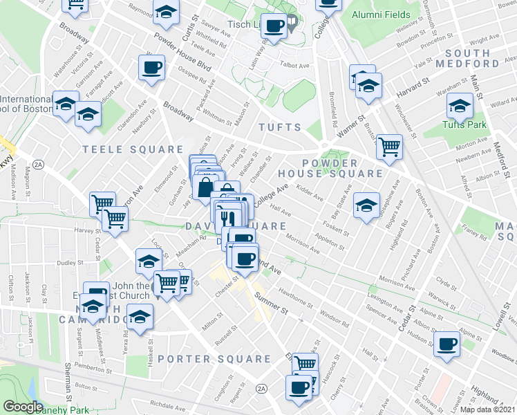 map of restaurants, bars, coffee shops, grocery stores, and more near 9 Chapel Street in Somerville
