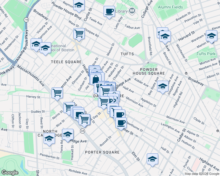 map of restaurants, bars, coffee shops, grocery stores, and more near 37 Wallace Street in Somerville