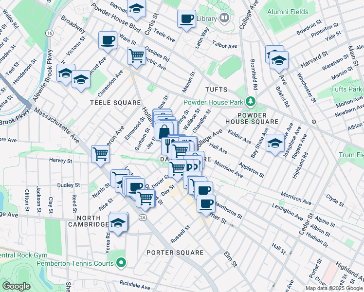 map of restaurants, bars, coffee shops, grocery stores, and more near 37 Wallace Street in Somerville
