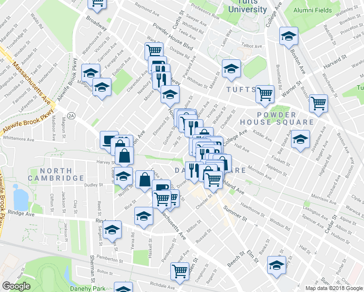map of restaurants, bars, coffee shops, grocery stores, and more near 20 Gorham Street in Somerville