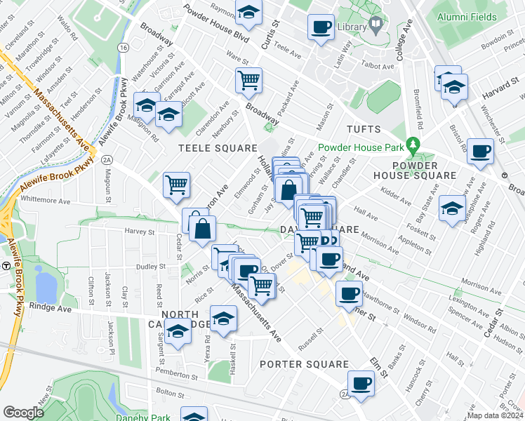 map of restaurants, bars, coffee shops, grocery stores, and more near 20 Gorham Street in Somerville