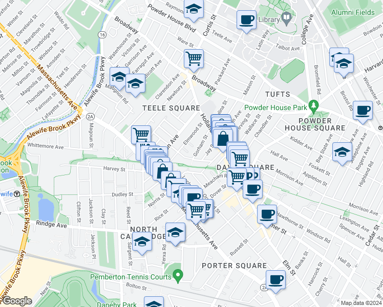 map of restaurants, bars, coffee shops, grocery stores, and more near 4A Elmwood Terrace in Somerville
