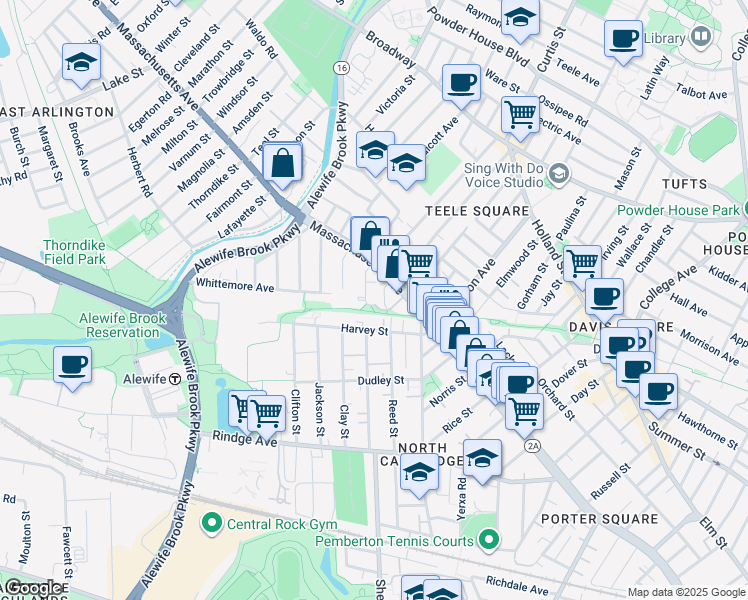 map of restaurants, bars, coffee shops, grocery stores, and more near 18 Cottage Park Avenue in Cambridge