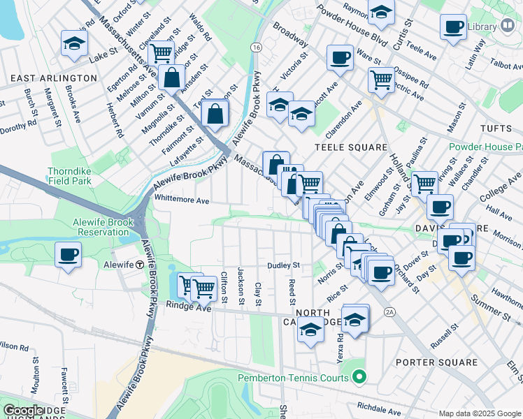 map of restaurants, bars, coffee shops, grocery stores, and more near 35 Brookford Street in Cambridge