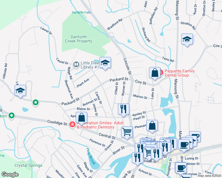 map of restaurants, bars, coffee shops, grocery stores, and more near 111 Packard Street in Hudson
