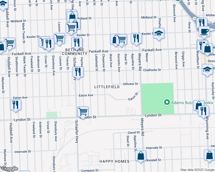 map of restaurants, bars, coffee shops, grocery stores, and more near 14892 Ward Avenue in Detroit