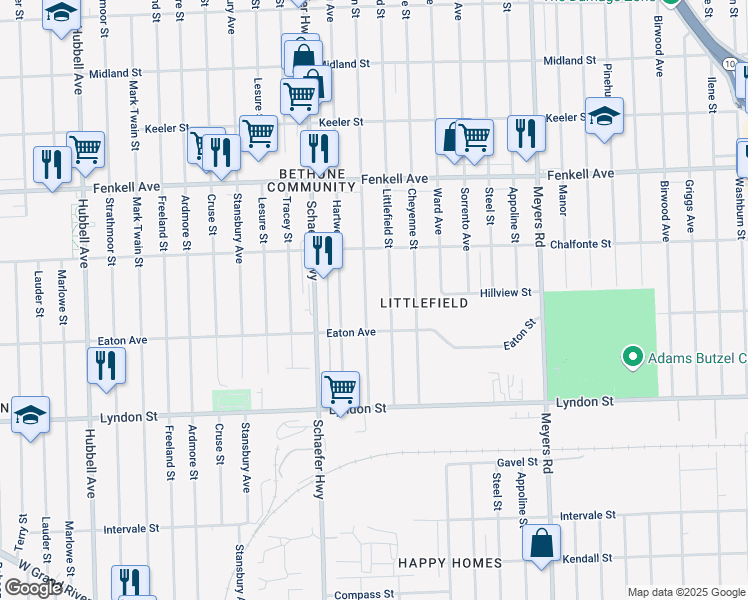 map of restaurants, bars, coffee shops, grocery stores, and more near 14920 Snowden Street in Detroit