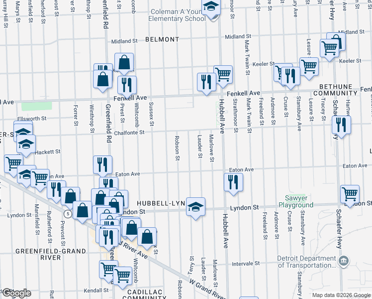 map of restaurants, bars, coffee shops, grocery stores, and more near 14948 Terry Street in Detroit
