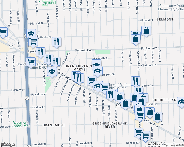 map of restaurants, bars, coffee shops, grocery stores, and more near 14907 Saint Marys Street in Detroit