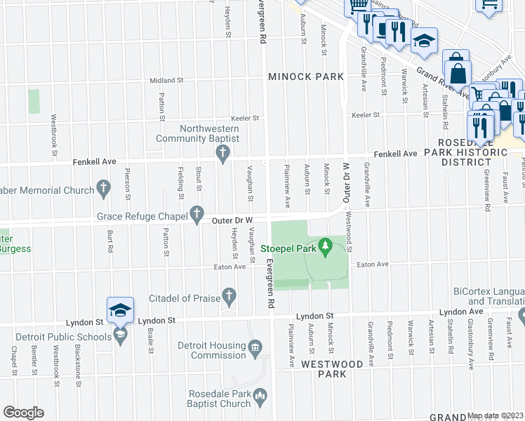 map of restaurants, bars, coffee shops, grocery stores, and more near 10500 Outer Drive West in Detroit