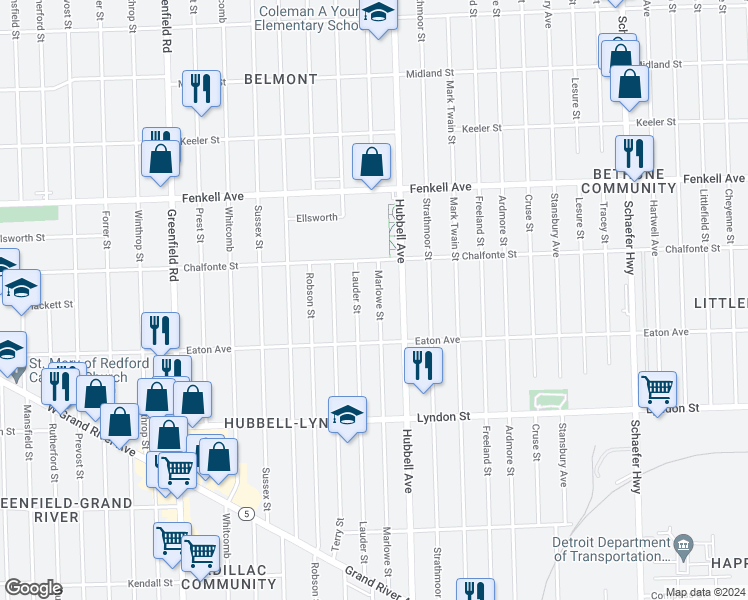 map of restaurants, bars, coffee shops, grocery stores, and more near 14889 Marlowe Street in Detroit