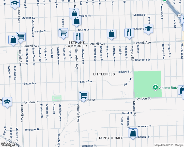 map of restaurants, bars, coffee shops, grocery stores, and more near 14920 Snowden Street in Detroit