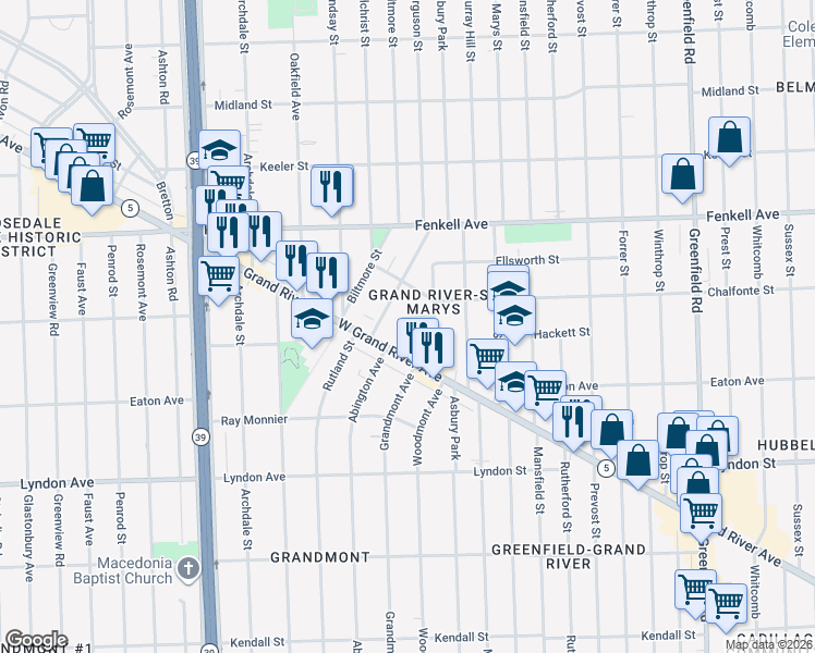 map of restaurants, bars, coffee shops, grocery stores, and more near 16505 Chalfonte Street in Detroit