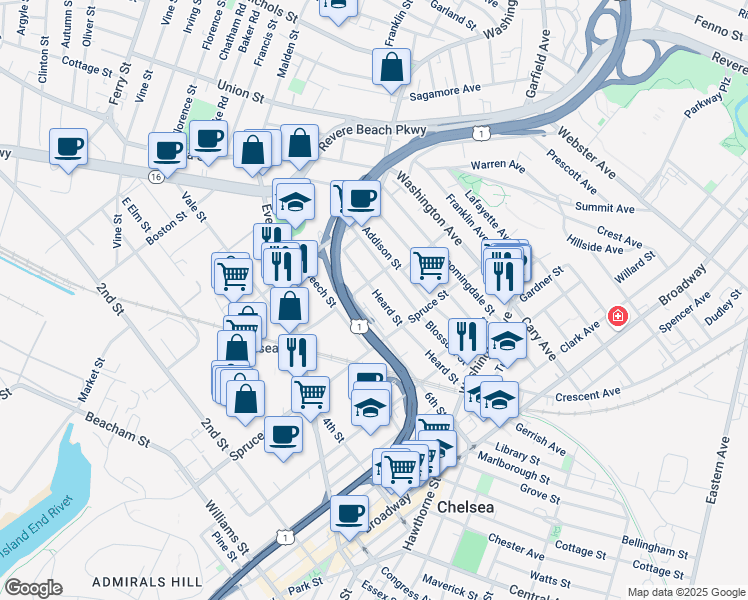 map of restaurants, bars, coffee shops, grocery stores, and more near 137 Heard Street in Chelsea