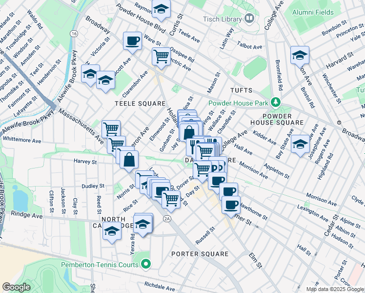 map of restaurants, bars, coffee shops, grocery stores, and more near 11 Thorndike Street in Somerville