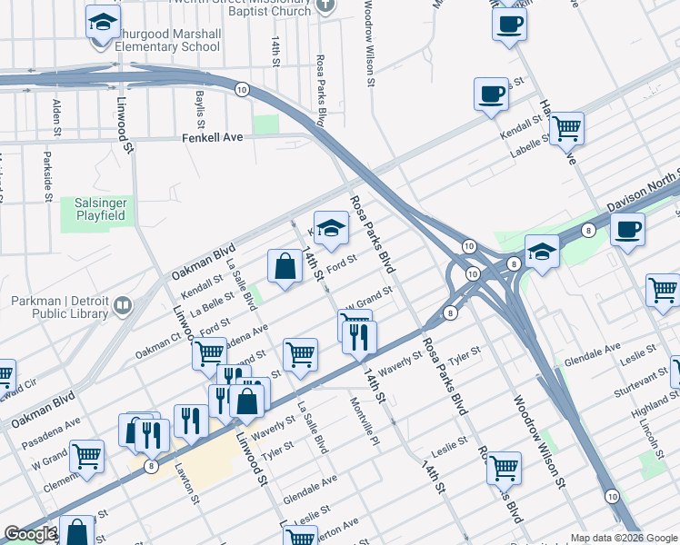 map of restaurants, bars, coffee shops, grocery stores, and more near 1969 Ford Street in Detroit