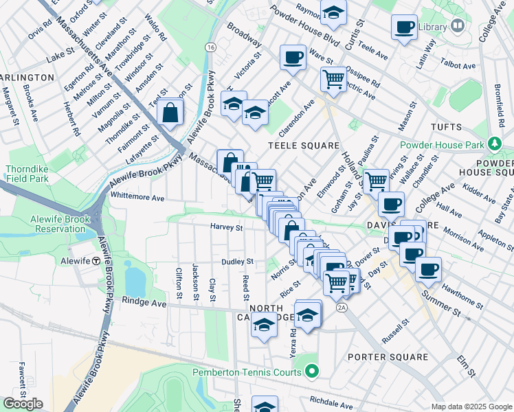 map of restaurants, bars, coffee shops, grocery stores, and more near 2458 Massachusetts Avenue in Cambridge