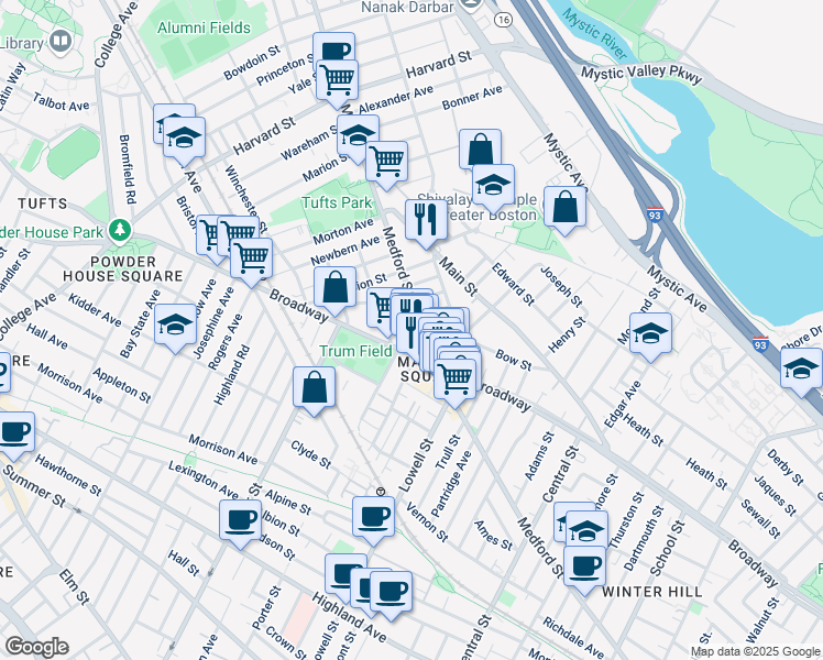 map of restaurants, bars, coffee shops, grocery stores, and more near 12 Hale Avenue in Medford