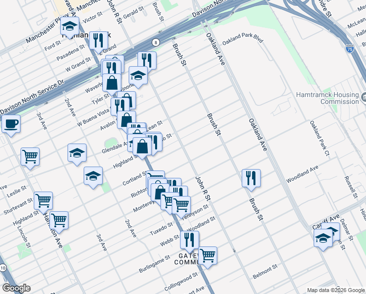 map of restaurants, bars, coffee shops, grocery stores, and more near Rhode Island Street in Highland Park