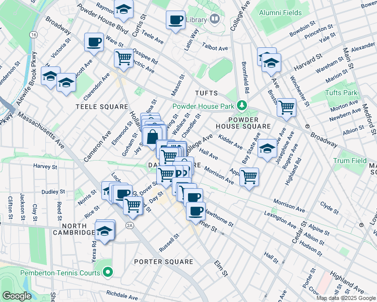 map of restaurants, bars, coffee shops, grocery stores, and more near 9 Chapel Street in Somerville