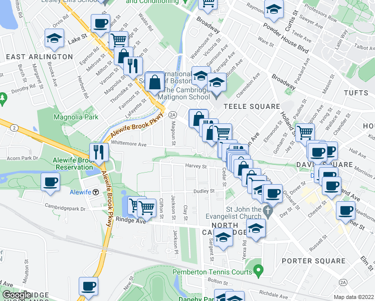 map of restaurants, bars, coffee shops, grocery stores, and more near 35 Brookford Street in Cambridge