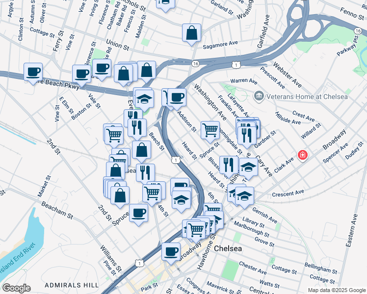 map of restaurants, bars, coffee shops, grocery stores, and more near 100 Heard Street in Chelsea