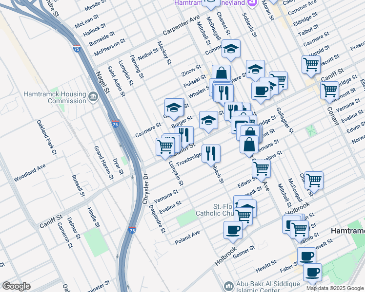 map of restaurants, bars, coffee shops, grocery stores, and more near 2368 Holmes Street in Hamtramck