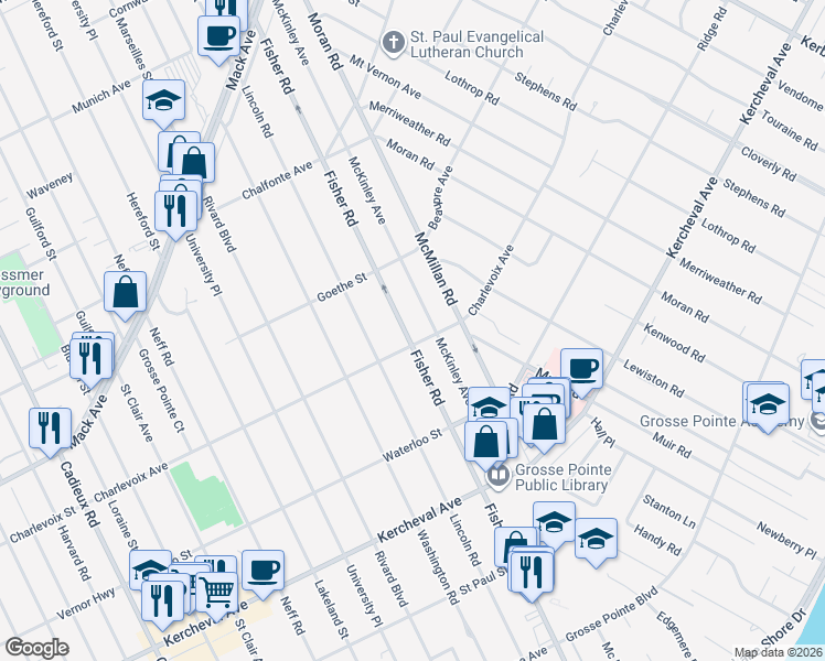 map of restaurants, bars, coffee shops, grocery stores, and more near 262 Mc Kinley Avenue in Grosse Pointe Farms