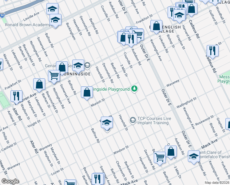 map of restaurants, bars, coffee shops, grocery stores, and more near 4635 Bedford Road in Detroit