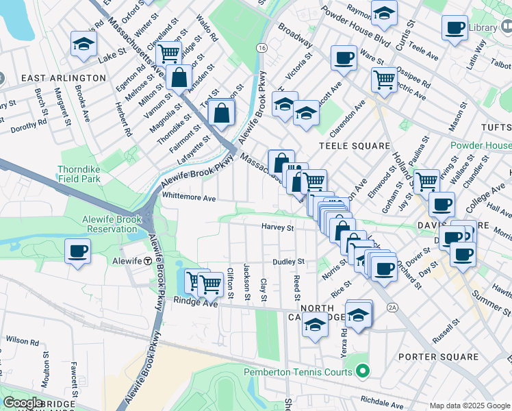 map of restaurants, bars, coffee shops, grocery stores, and more near 35 Brookford Street in Cambridge