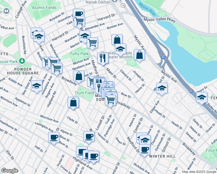 map of restaurants, bars, coffee shops, grocery stores, and more near 23 Shapley Avenue in Medford