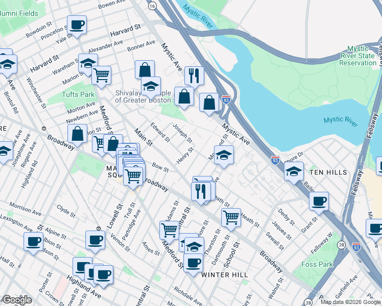 map of restaurants, bars, coffee shops, grocery stores, and more near 31 Henry Street in Medford
