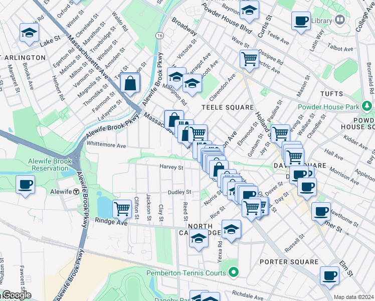 map of restaurants, bars, coffee shops, grocery stores, and more near 2464 Massachusetts Avenue in Cambridge