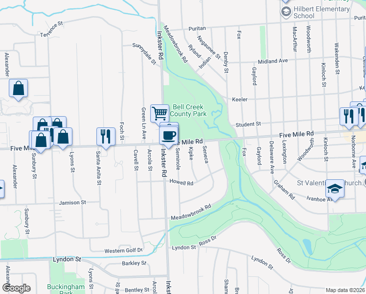 map of restaurants, bars, coffee shops, grocery stores, and more near 27231 Five Mile Road in Redford Charter Township