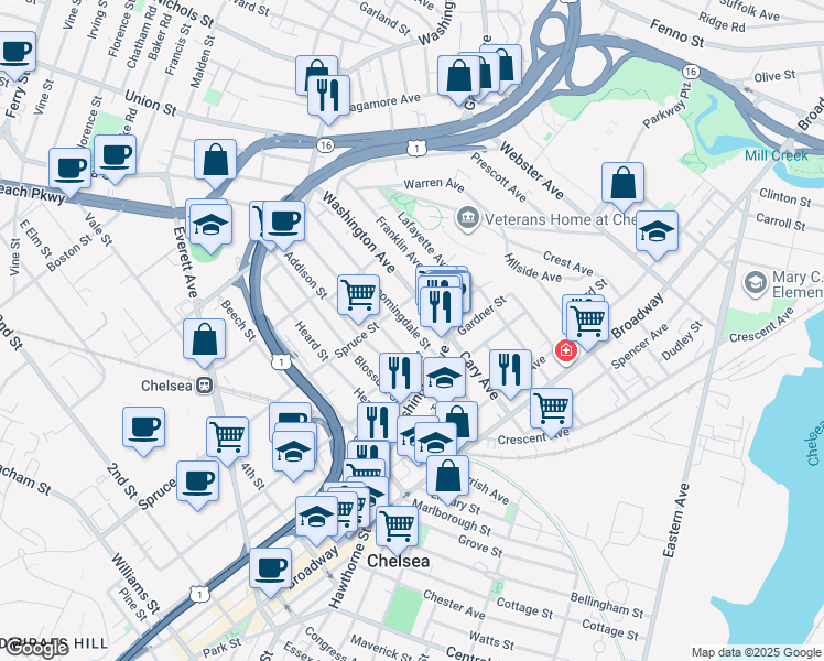 map of restaurants, bars, coffee shops, grocery stores, and more near 335 Spruce Street in Chelsea