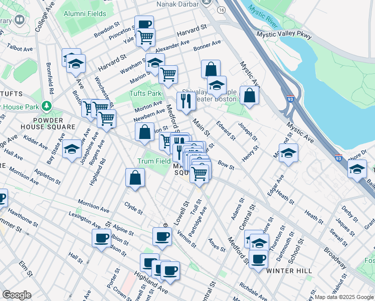 map of restaurants, bars, coffee shops, grocery stores, and more near 12 Hale Avenue in Medford