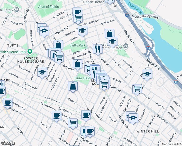 map of restaurants, bars, coffee shops, grocery stores, and more near 13 Winter Hill Road in Medford