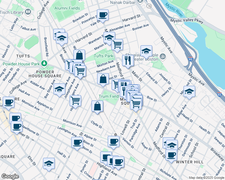 map of restaurants, bars, coffee shops, grocery stores, and more near 5 Alfred Terrace in Medford