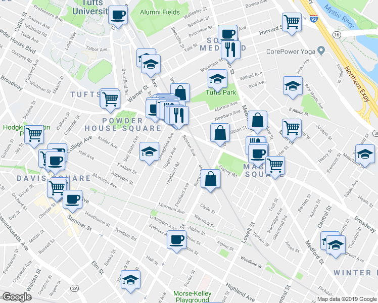 map of restaurants, bars, coffee shops, grocery stores, and more near in Somerville