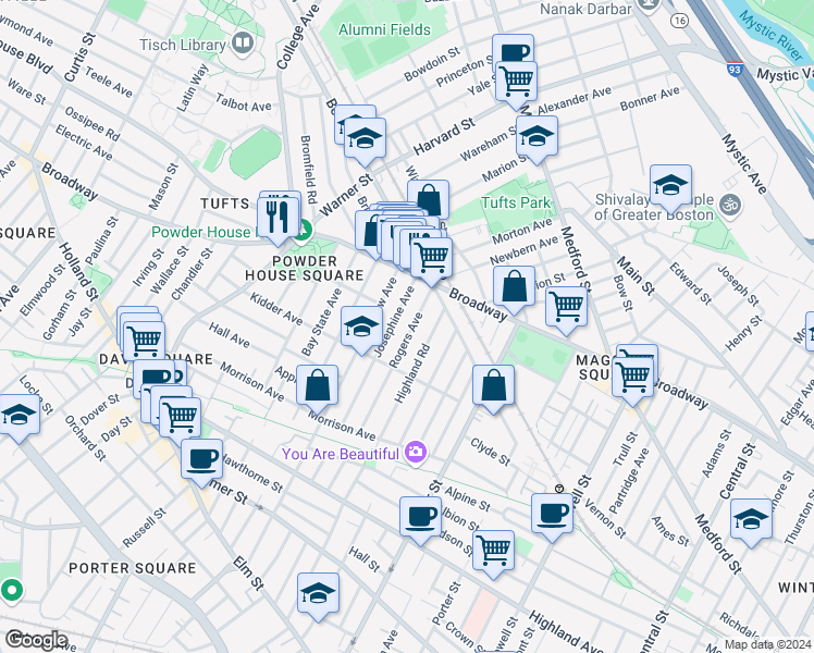 map of restaurants, bars, coffee shops, grocery stores, and more near 114 Rogers Avenue in Somerville