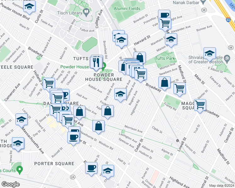 map of restaurants, bars, coffee shops, grocery stores, and more near 46 Bay State Avenue in Somerville