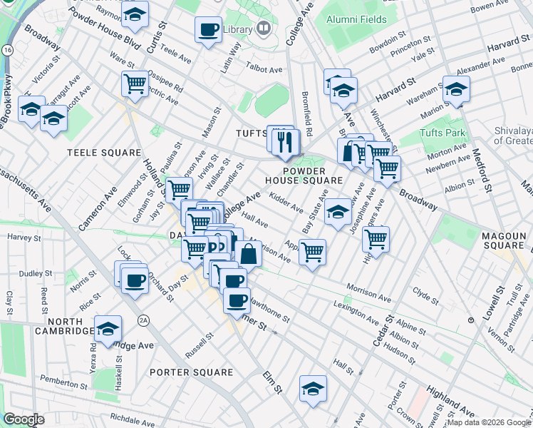 map of restaurants, bars, coffee shops, grocery stores, and more near 21 Kidder Avenue in Somerville