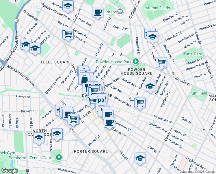 map of restaurants, bars, coffee shops, grocery stores, and more near 9 Chapel Street in Somerville